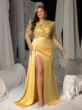 Plus Size Round Neck Long Sleeve Mermaid Hem Sequin Evening Gowns