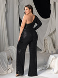 Plus One Shoulder Sequin Long Sleeve Wide Leg Jumpsuit