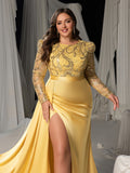 Plus Size Round Neck Long Sleeve Mermaid Hem Sequin Evening Gowns
