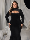 Plus Velvet High-Neck Mermaid Gown with Chest Cutout, Rhinestone Accents & Floor-Length Train