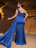 Plus Asymmetrical Neck Split Thigh Satin Mermaid Dress Evening Dress