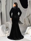 Plus Velvet High-Neck Mermaid Gown with Chest Cutout, Rhinestone Accents & Floor-Length Train