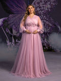 Plus Maternity Applique Detail V Neck Lantern Sleeves Mesh Evening Dress