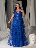 Plus Plunging Meck Backless Floral Sequin Prom Dress