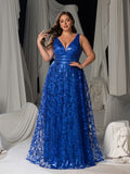 Plus Plunging Meck Backless Floral Sequin Prom Dress