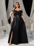 Plus Off Shoulder Buckle Belted Satin Ball Gown