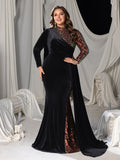 Plus Asymmetric Mermaid Gown with Velvet and Sequins, High Neck & Long Sleeves