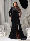 Plus Asymmetric Mermaid Gown with Velvet and Sequins, High Neck & Long Sleeves