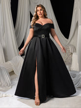 Plus Off Shoulder Buckle Belted Satin Ball Gown