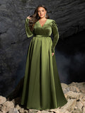 Plus V Neck Long Sleeve Belted Satin A Line Dress