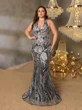 Plus Elegant Halter Neck Backless Floral Sequin Mermaid Dresses