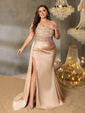 Plus Off-Shoulder Gown with High Slit & Beaded Bodice – Luxury Satin Evening Wear for Red Carpet, Formal Galas & Luxury Weddings, 1XL-5XL