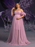 Plus Maternity Strapless Tulle Gown with Puffed Sleeves & Ruched Bodice – Elegant 1XL-5XL Pregnancy Dresses for Photoshoots