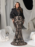Plus Floral Sequin High-Neck Mermaid Gown with Voluminous Puff Sleeves