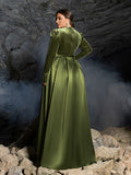 Plus V Neck Long Sleeve Belted Satin A Line Dress