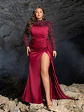 Plus High Neck Beaded Long Sleeve Gown | Side Slit & Mermaid Silhouette