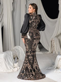Plus Floral Sequin High-Neck Mermaid Gown with Voluminous Puff Sleeves