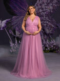 Plus Maternity Tulle Evening Gowns with Sheer Cap Sleeves & Chain Accents – Elegant 1XL-5XL Pregnancy Dresses for Photoshoots & Special Events