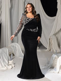 Plus Velvet Mermaid Gown with Sweetheart Neckline, Long Sleeves and Sequins Embroidery