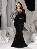 Plus Velvet Mermaid Gown with Sweetheart Neckline, Long Sleeves and Sequins Embroidery