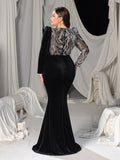 Plus Velvet Mermaid Gown with Sweetheart Neckline, Long Sleeves and Sequins Embroidery