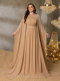 Plus Gorgeous Two-Piece Chiffon Evening Dress | Rhinestone Cape Sleeves & A-Line Skirt with Cathedral Train