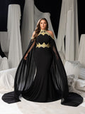 Plus Luxury Mermaid Gown with Flowing Cape & Gold Embellishments for Red Carpet or Luxury Weddings, 1XL-5XL