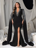 Plus Deep V-Neck Mermaid Gown with Cape Sleeves, Rhinestones & High Slit