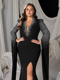 Plus Deep V-Neck Mermaid Gown with Cape Sleeves, Rhinestones & High Slit