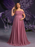 Plus Maternity Halter Evening Gown with Draped Shoulders – Flowing Dress for Pregnancy Photoshoots & Baby Showers