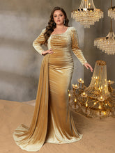 Plus Elegant Pearl Embellished Diagonal Neck Mermaid Hem Velvet Formal Evening Dress