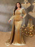 Plus Elegant Pearl Embellished Diagonal Neck Mermaid Hem Velvet Formal Evening Dress