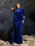 Plus Velvet High-Neck Formal Dress | Long Sleeve Beaded Evening Gown with Sweep Train