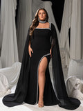 Plus Size Gorgeous Square Neck Cape Evening Gown - Mermaid Dress with Sheer Overlay