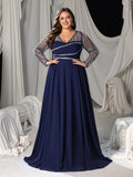 Plus Chiffon V-Neck Evening Gown with Silver Sequined Translucent Sleeves & Floor-Length Skirt