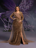 Plus Maternity  Surplice Neck Long Sleeves Mermaid Hem Sequin Evening Dress
