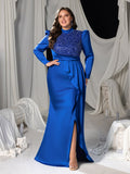 Plus Sequin & Beaded High-Neck Mermaid Gown with Puff Long Sleeves and High Slit