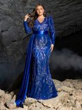 Plus Sequin Embroidered V-Neck Mermaid Gown | Long Sleeve with Wide Belt & Sweep Train