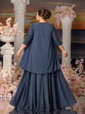 Plus Womens' Lace & Chiffon Mother-of-the-Bride Dress: Flowing Beach Wedding Gown with Mid-Sleeve Detailing & Dramatic Skirt