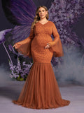Plus Maternity  V Neck Flared Sleeves Mesh Contrast Lace Evening Dress