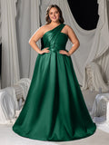 Plus One-Shoulder Satin Gown with Pleated Shoulders, Crisscross Back Straps & Floor-Length Skirt