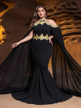 Plus Luxury Mermaid Gown with Flowing Cape & Gold Embellishments for Red Carpet or Luxury Weddings