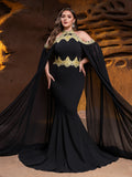 Plus Luxury Mermaid Gown with Flowing Cape & Gold Embellishments for Red Carpet or Luxury Weddings