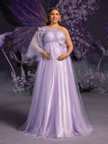 Plus Maternity Applique Details One Shoulder Tulle Evening Dress