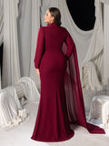 Plus Long-Sleeve High-Neck Mermaid Gown with Rhinestones & Transparent Cape Drape