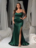 Plus Luxury Off-Shoulder Satin Evening Gown - Beaded Fringe Mermaid Dress with Thigh Slit