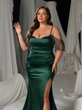 Plus Luxury Off-Shoulder Satin Evening Gown - Beaded Fringe Mermaid Dress with Thigh Slit