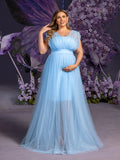 Plus Maternity Plunging Neck Sleeveless Tulle Overlay Party Dress