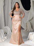 Plus Sequined V-Neck Mermaid Gown with Ruffled Satin Skirt & High Slit