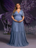 Plus Maternity Gowns: Deep V-Neck & Sheer Sleeve Tiered Tulle Dresses for Pregnancy Photoshoots – 1XL-5XL
